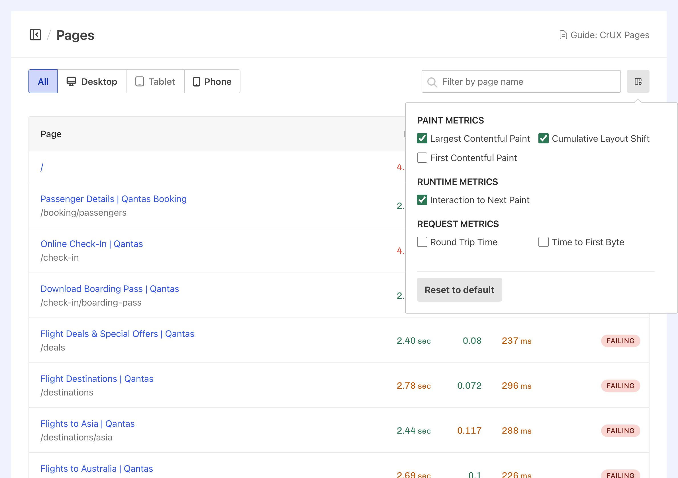 Screenshot of the CrUX Pages Leaderboard customisation popover.