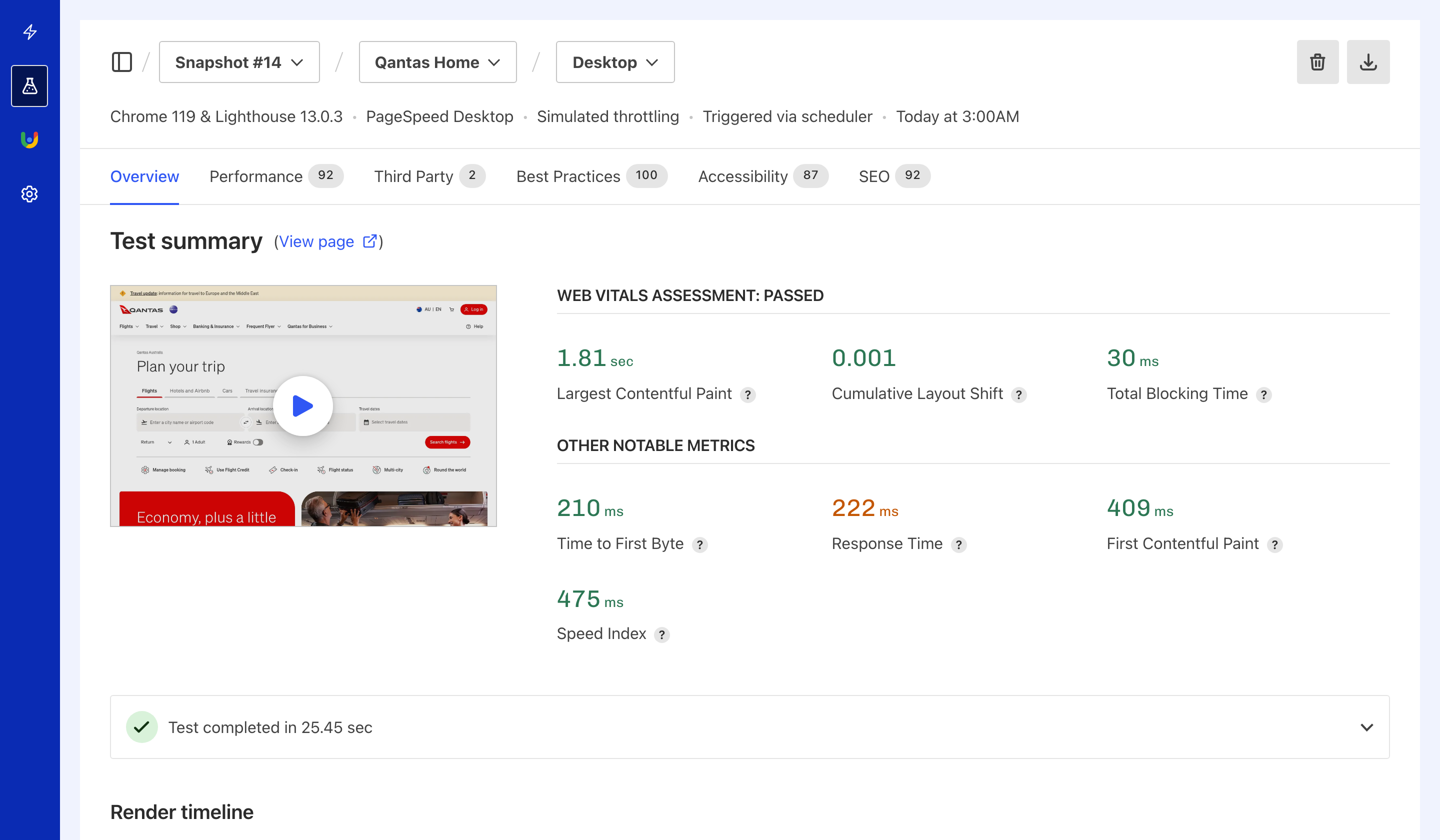 Snapshot Overview showing a test summary with video, Web Vitals assessment, and detailed metrics