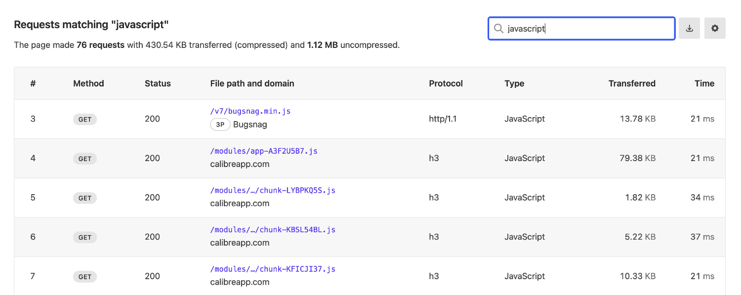 Request table filtered by javascript keyword showing 76 requests with the first one being from a third party called Bugsnag.