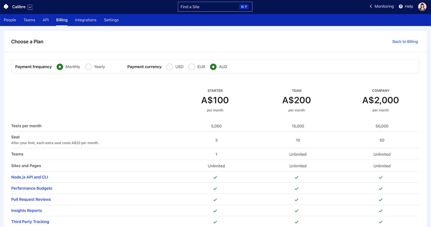 Available Calibre plans with multiple currency support: EUR, AUD and USD.