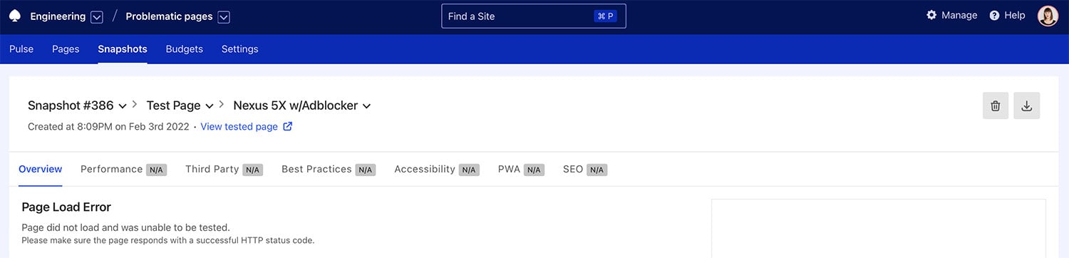 Snapshot page showing a test that didn’t complete successfully with a specific reason.