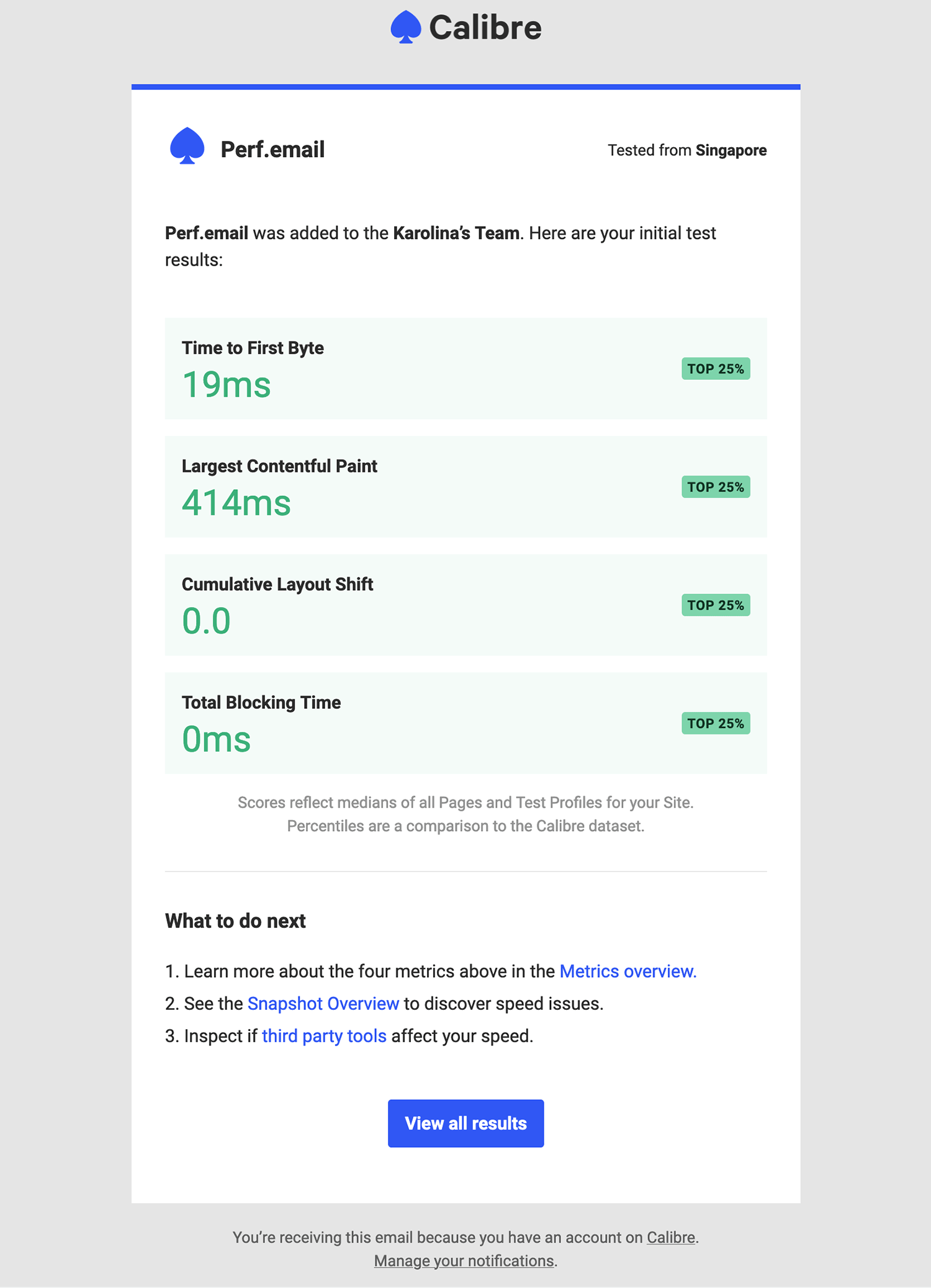 Initial Site results email showing benchmarks for four critical page speed metrics.