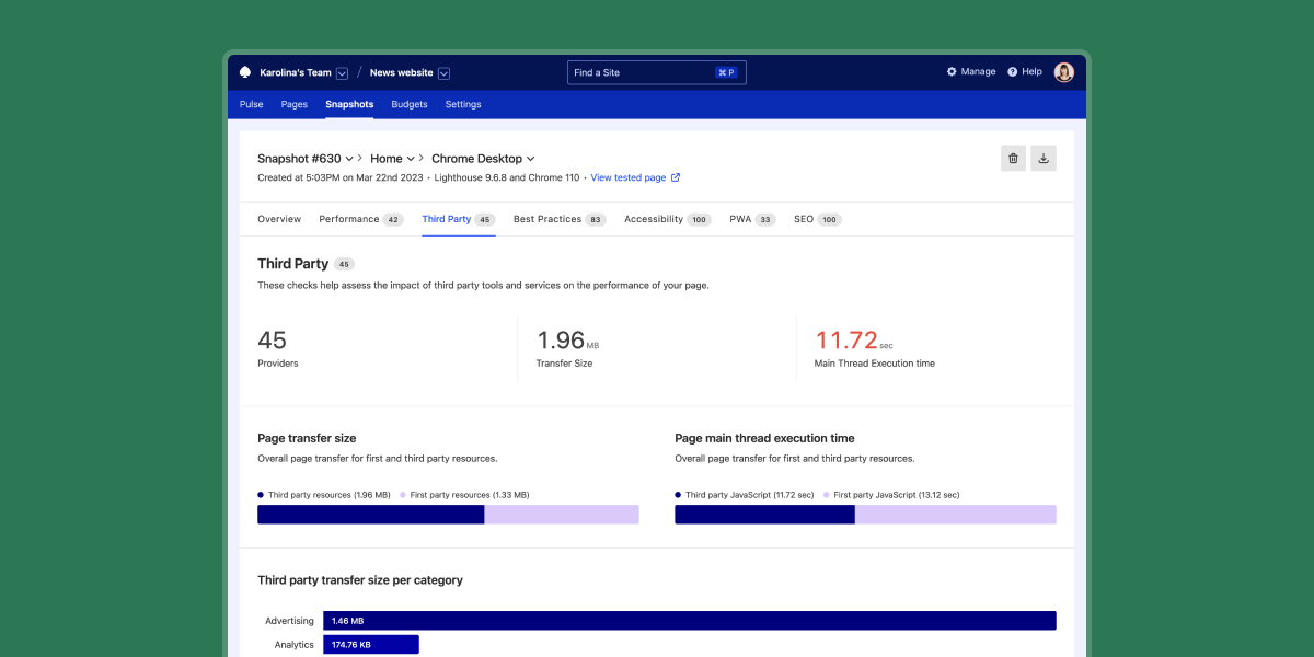 Third Party report showing number of third-party providers, transfer size and main thread execution time. It compares transfer size and execution time across third and first party resources. Also, it breaks down both based on categories of third parties, listing specific tools and services.