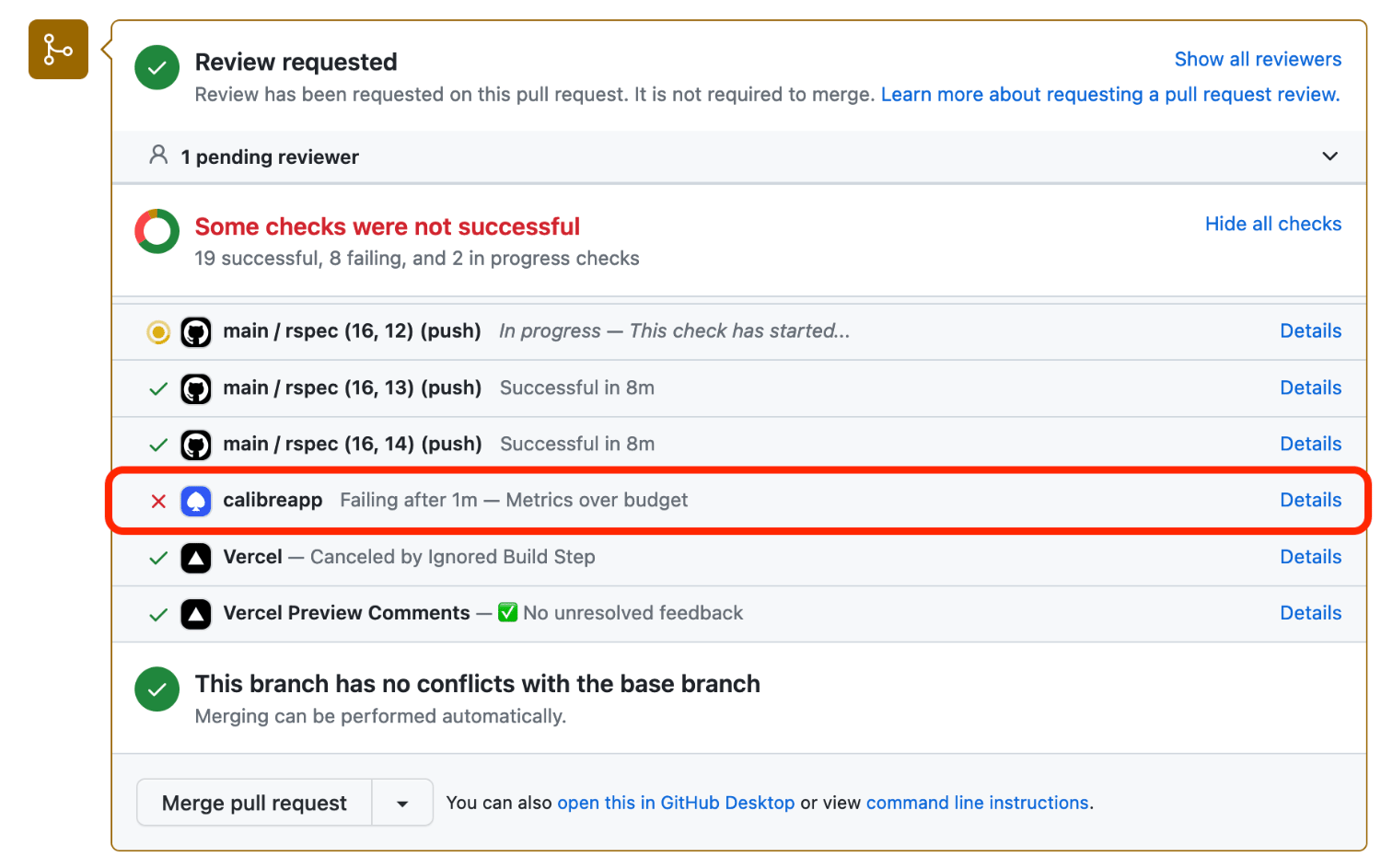 GitHub checks section showcasing Calibre’s check failing due to metrics over budget.