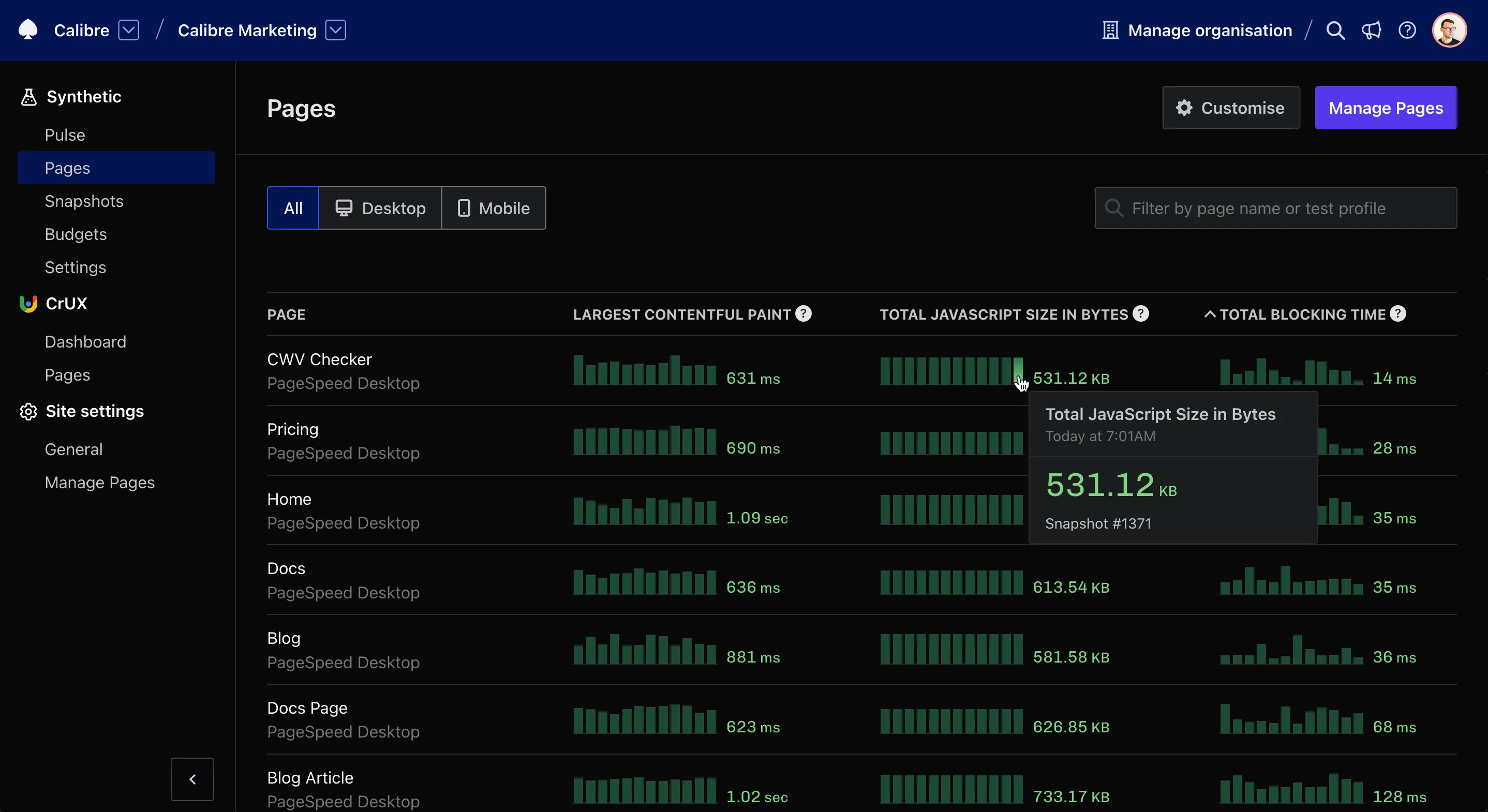 Displaying recent synthetic test results in Dark mode.