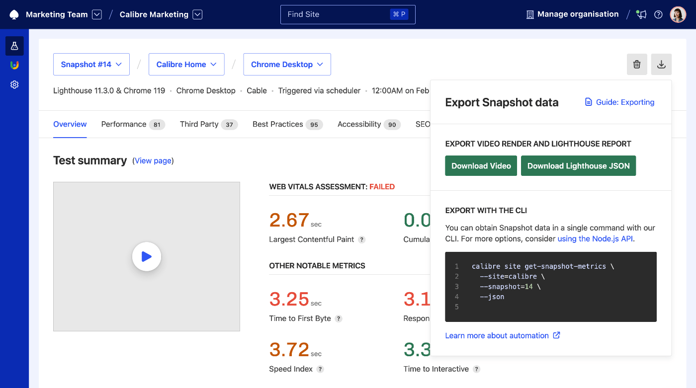 Export the Lighthouse report in JSON, for a given Snapshot