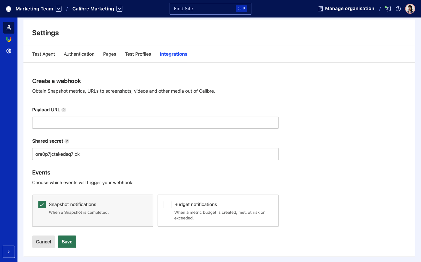 Webhook creation form