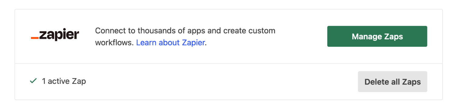 Active Zaps and Zapier connection showed in Site Settings