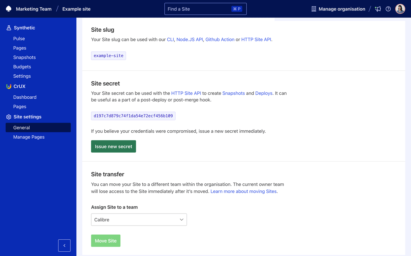 Site settings showing the Site slug and Site secret fields