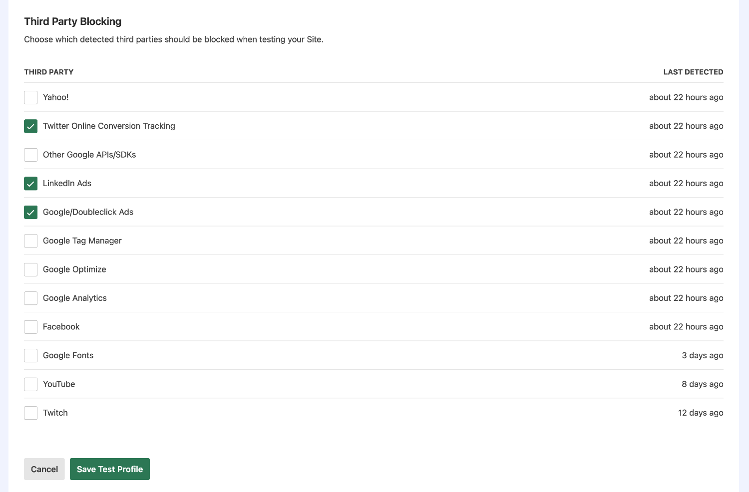 A list of all detected third parties in a test while setting up a Test Profile