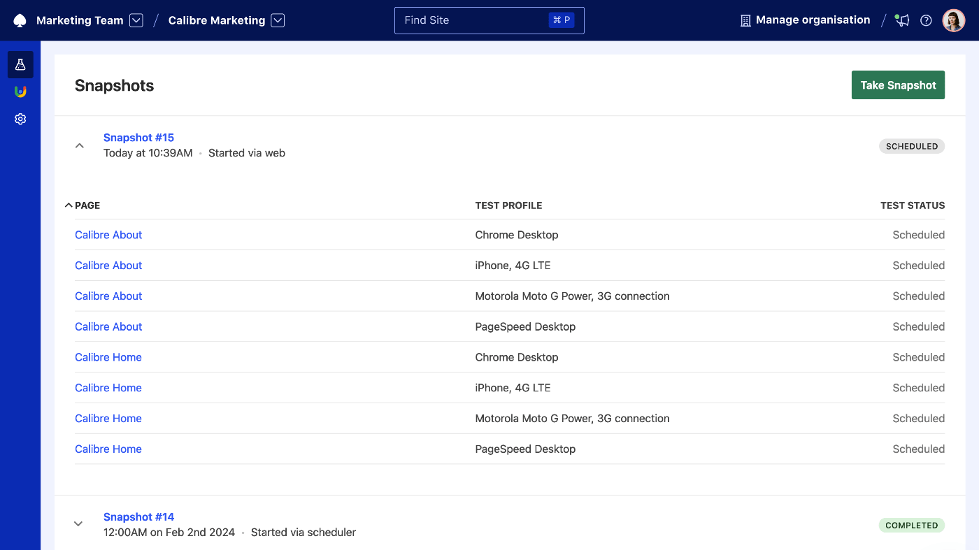 A list of Snapshots for a given Site with their status