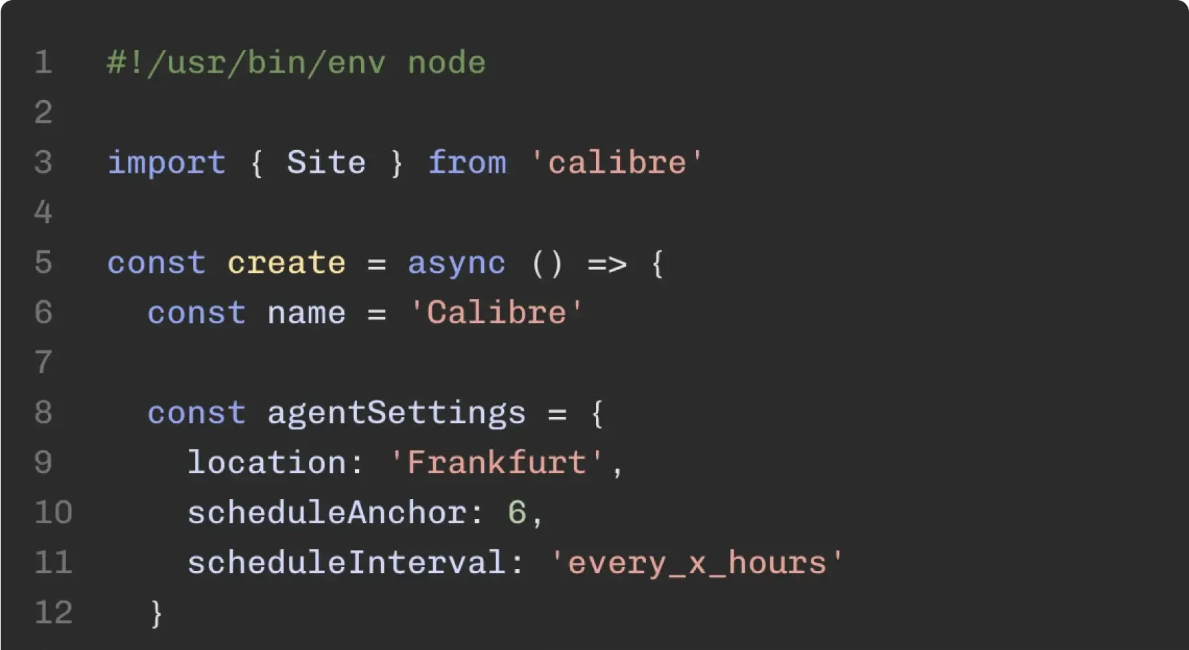 Code editor showing a Node.js script for creating a Calibre site with a testing schedule.